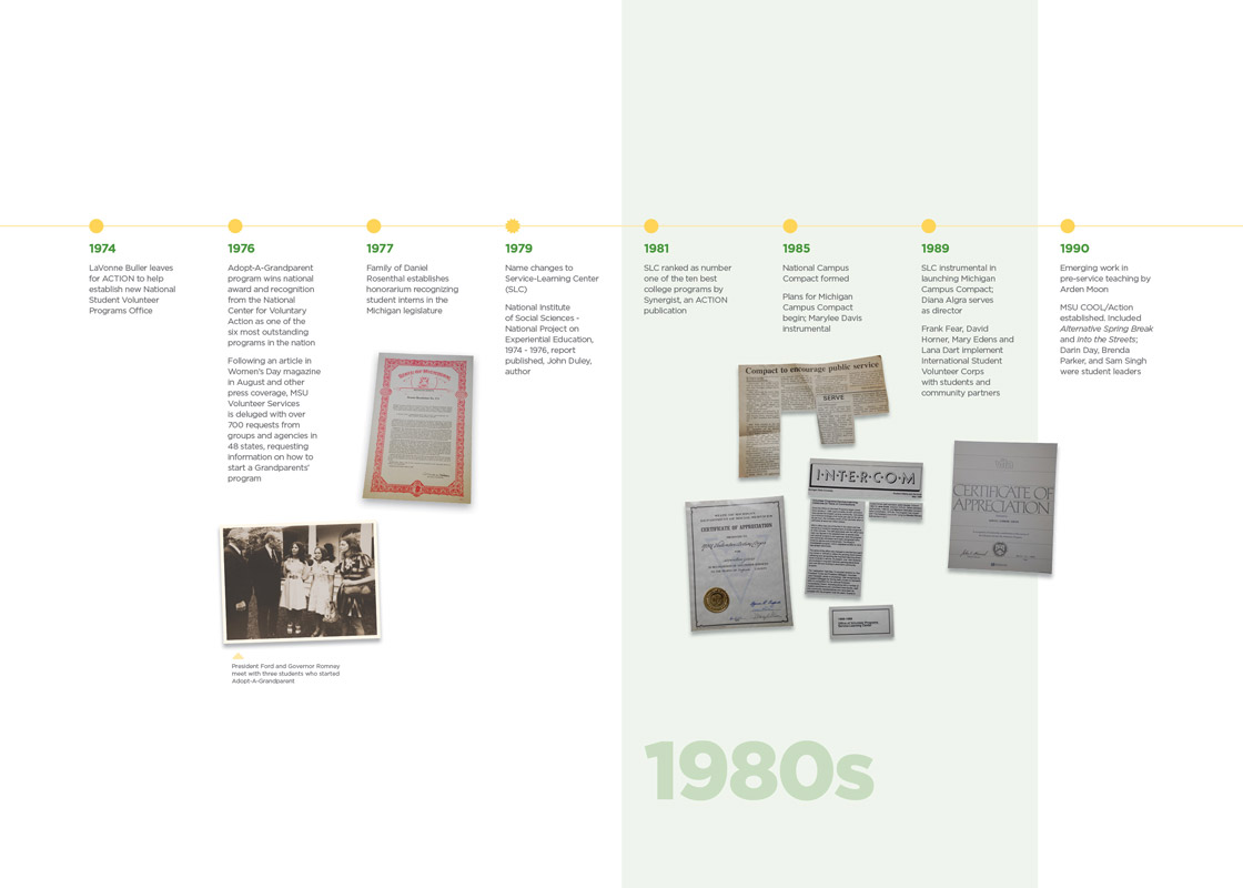 50 year timeline of events for Center for Community Engaged Learning for years 1974 to 1990