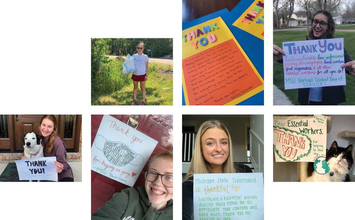Images of students serving their communities, and writing thank you notes