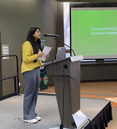 Trinity Amalraj speaking at the Spartan Volunteer Service Award ceremony
