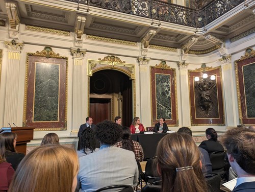 A panel of Caroline Lee from Lafayette College, Jennifer Domagal-Goldman from ALL IN Campus Democracy Challenge, and Nicolas Crookston from Voto Latino speaking at the Youth Civic and Voter Engagement Event at the White House.