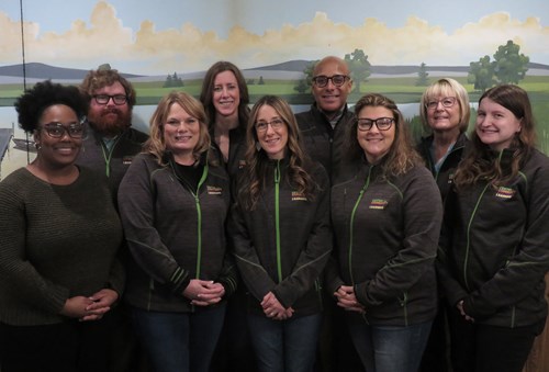 A group picture of the staff at the Center for Community Engaged Learning. From left to right: Jaela Young, Sam Rothwell, Renee Brown, Stephanie Brewer, Michelle Snitgen, KC Keyton, Tina Houghton, Kelly Malloy, Catherine Anger