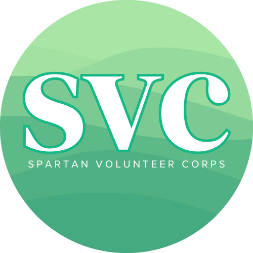 The logo for the Spartan Volunteer Corps. It consists of a green circle with the Initials SVC in the middle and the words Spartan Volunteer Corps beneath them.