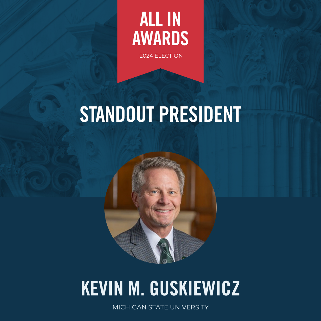 President Kevin M. Guskiewicz's headshot in an ALL IN Awards frame for Standout President