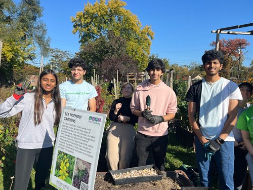 A group picture of Alternative Spartan Breaks volunteers from the October 19-22, 2024 Reclaim, Restore, Rebuild experience in a bee-friendly garden