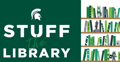 A graphic for the Stuff the Library fundraising campaign featuring an illustration of a bookshelf.