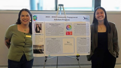 Michigan Women’s Commission stakeholder relations lead Anna Rose Benson (left) and scholar Madelyn Schurman (right) with Schurman’s poster about their partnership at the annual showcase on April 17, 2026.