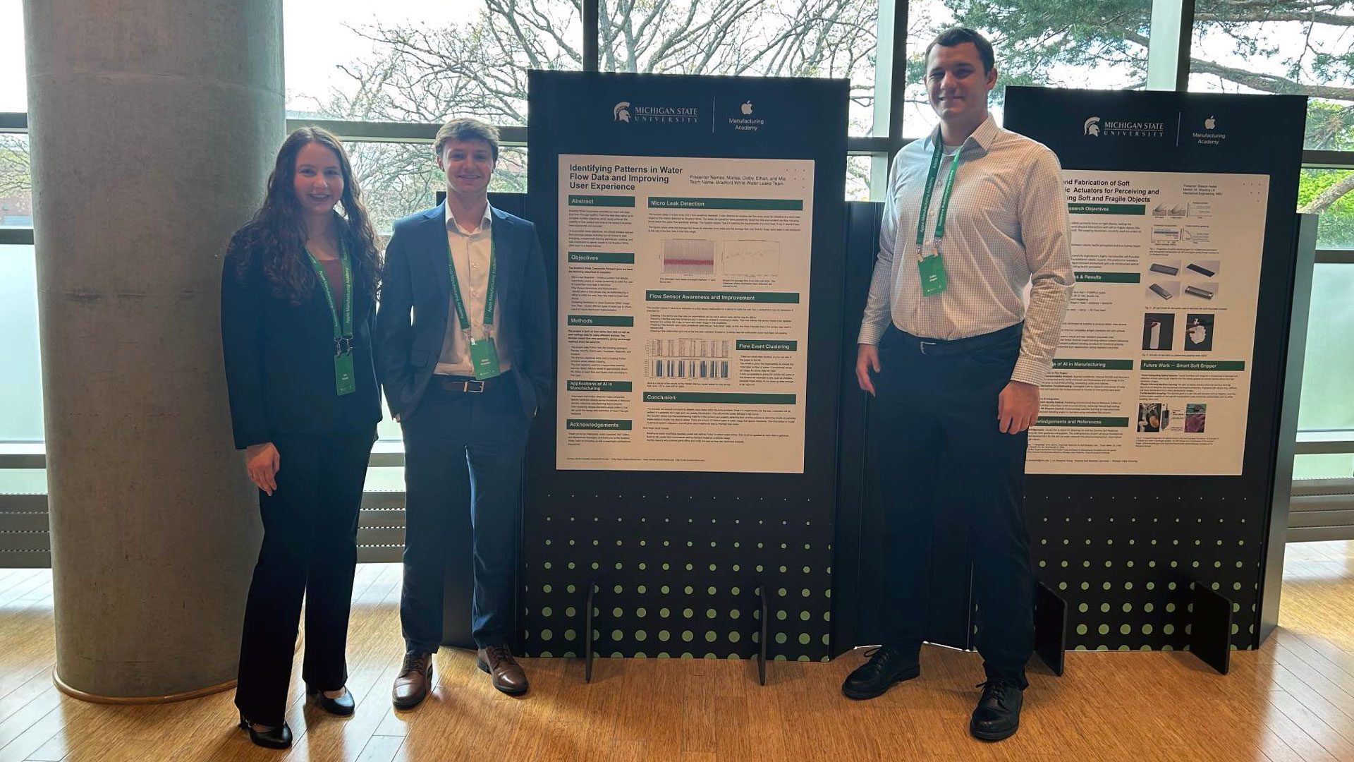 Students (Left to Right) Mia Kunath, Ethan Fremder, and Colby Degan present their project poster, titled “Identifying Patterns in Water Flow Data and Improving User Experience.” They partnered with the Bradford White Corporation to detect leaks in water heaters and improve water usage efficiency for consumers.