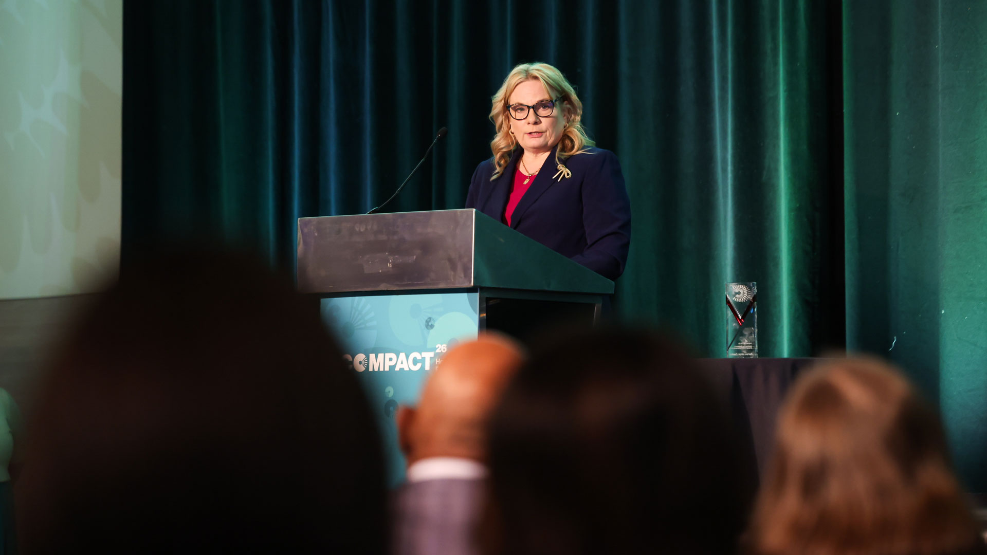 Executive director Renee Miller Zientek during he acceptance speech for the Nadinne Cruz award at the Campus Compact conference in Chicago.