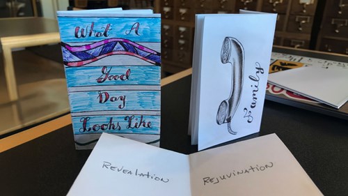 Examples of zines designed by youth incarcerated at the Ingham County Youth Center. During the workshop where these were made, participants were asked to use these zines to share what a good day looks like for them.