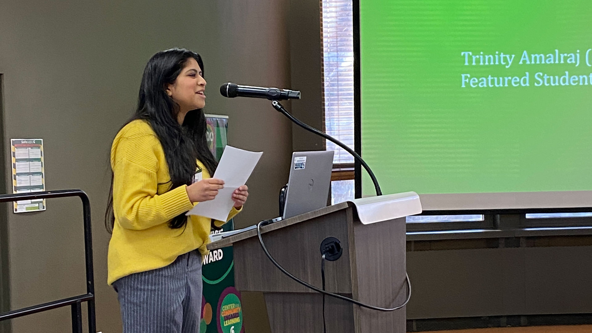 Trinity Amalraj spoke at the Spartan Volunteer Service Award ceremony. She volunteered over 1,000 hours of her time in the previous year with UM Health - Sparrow, the MSU Center for Survivors, and other health initiatives.